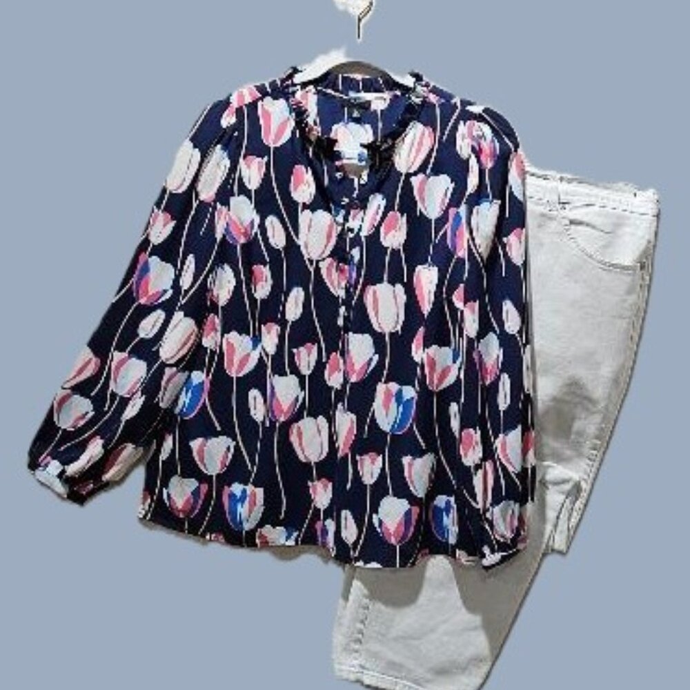 TALBOTS NAVY RED WHITE TULIP SILKY LONG SLEEVE BLOUSE TOP  L Petite CASUAL
